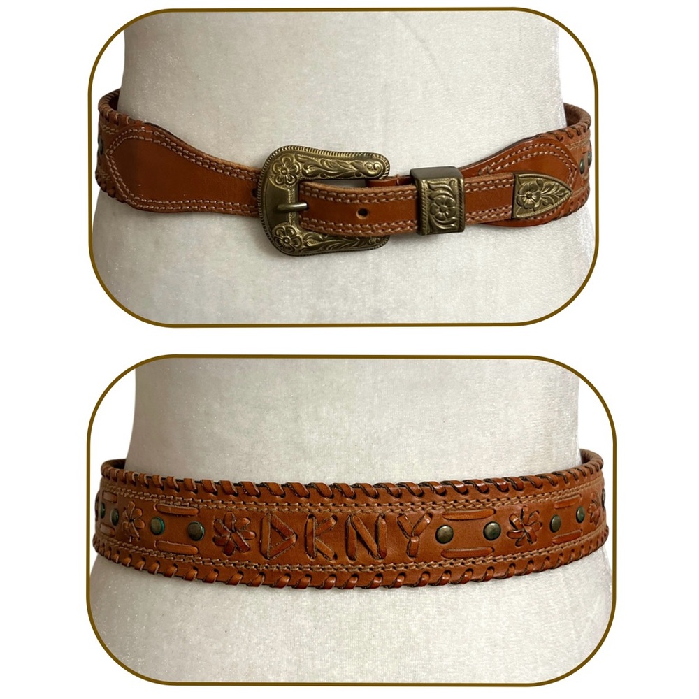 Vintage DKNY Western Leather Belt Whipstitch Boho Y2K Floral Buckle - Picture 10 of 10